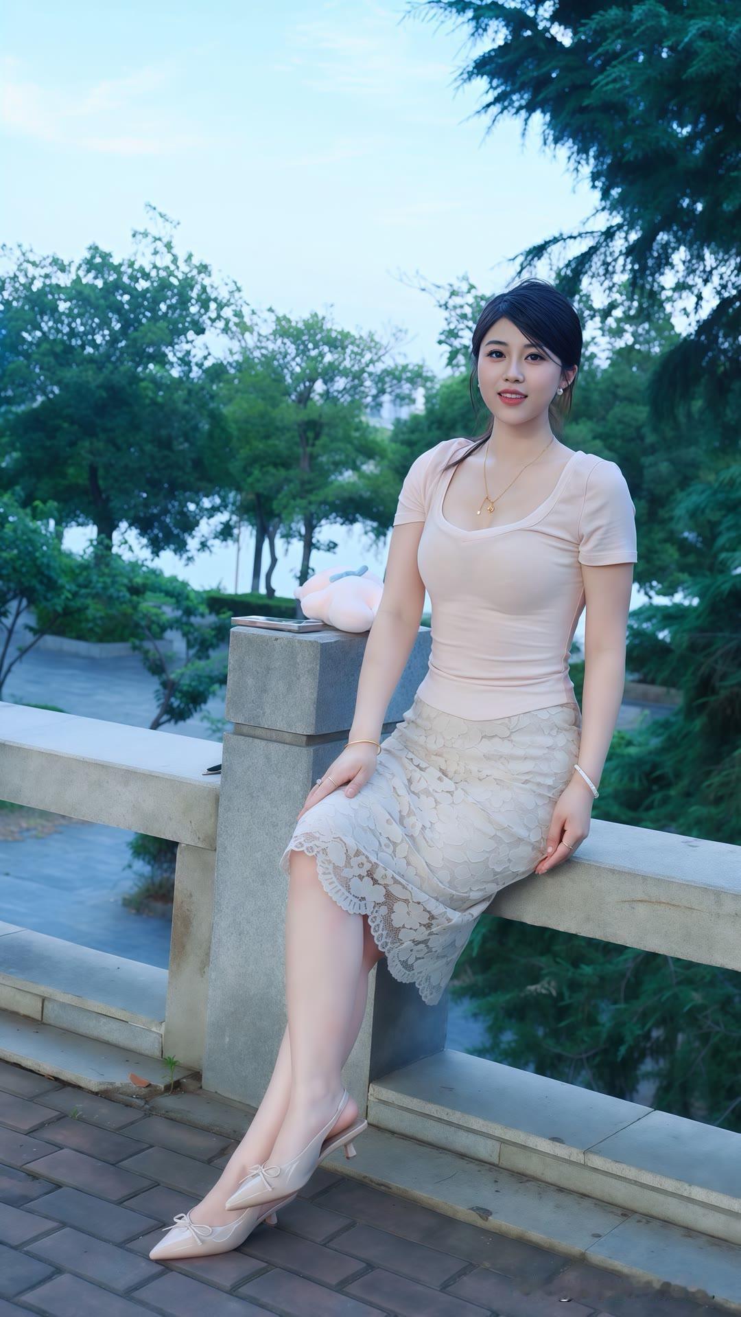 温柔少女感拉满！坐在栏杆上笑一笑，连风都变得甜滋滋啦～温柔姐姐风大长腿杀温柔治