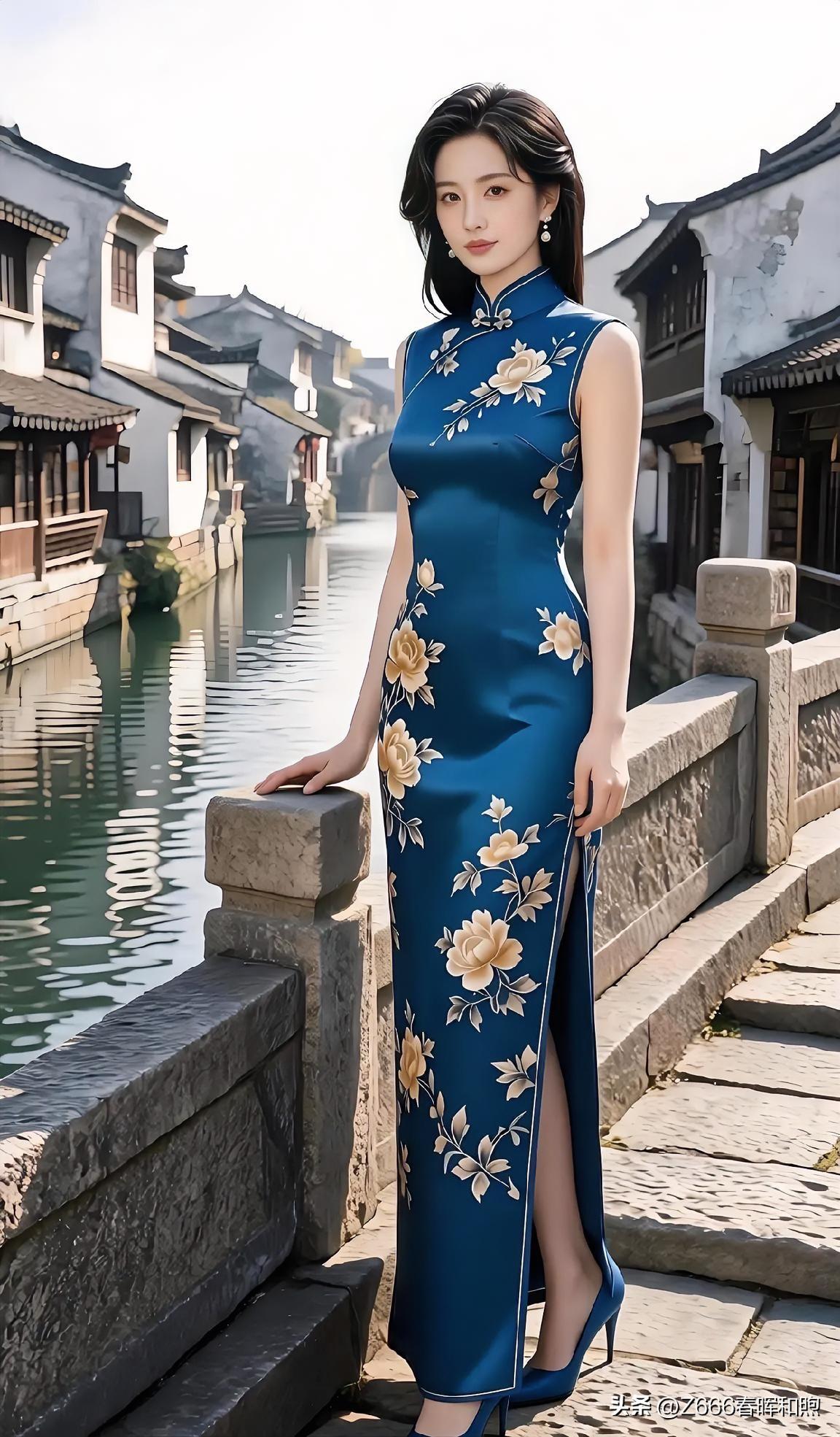 烟雨江南，碧水石桥。一袭黛蓝旗袍亭亭而立，繁花点缀温婉身姿。微风拂过发梢，古韵与