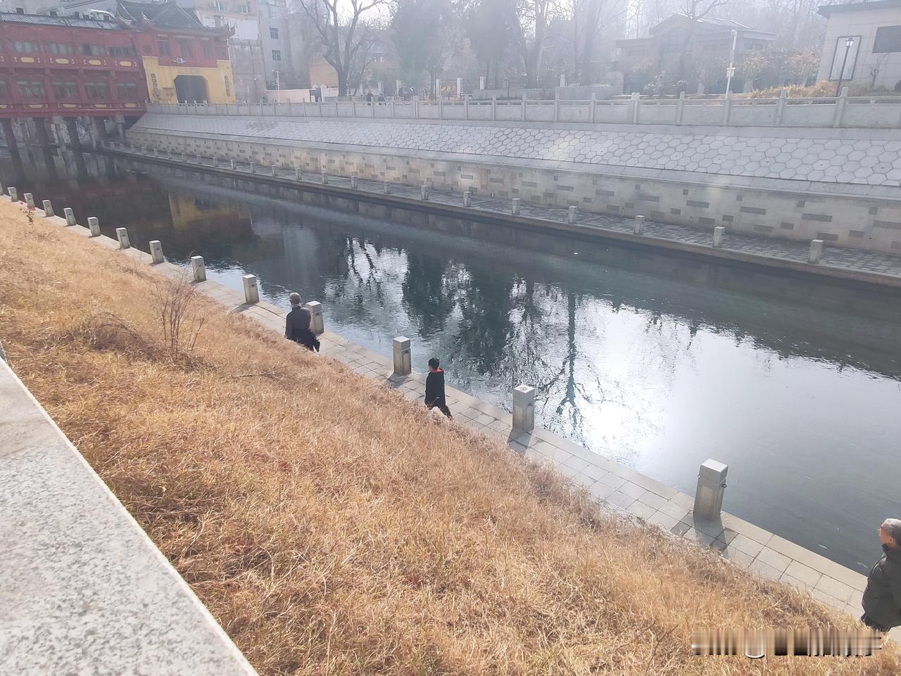 今天途经郑州市人民公园北门外的金水河边，看到河水清澈，岸边有不少人在阳光下要么晒