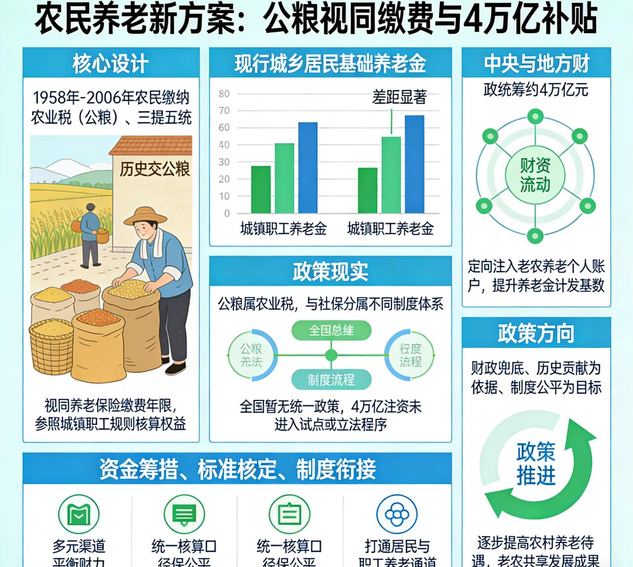 农民养老新方案热议：公粮视同缴费、4万亿补贴个人账户，能否落地？近期，“公粮视