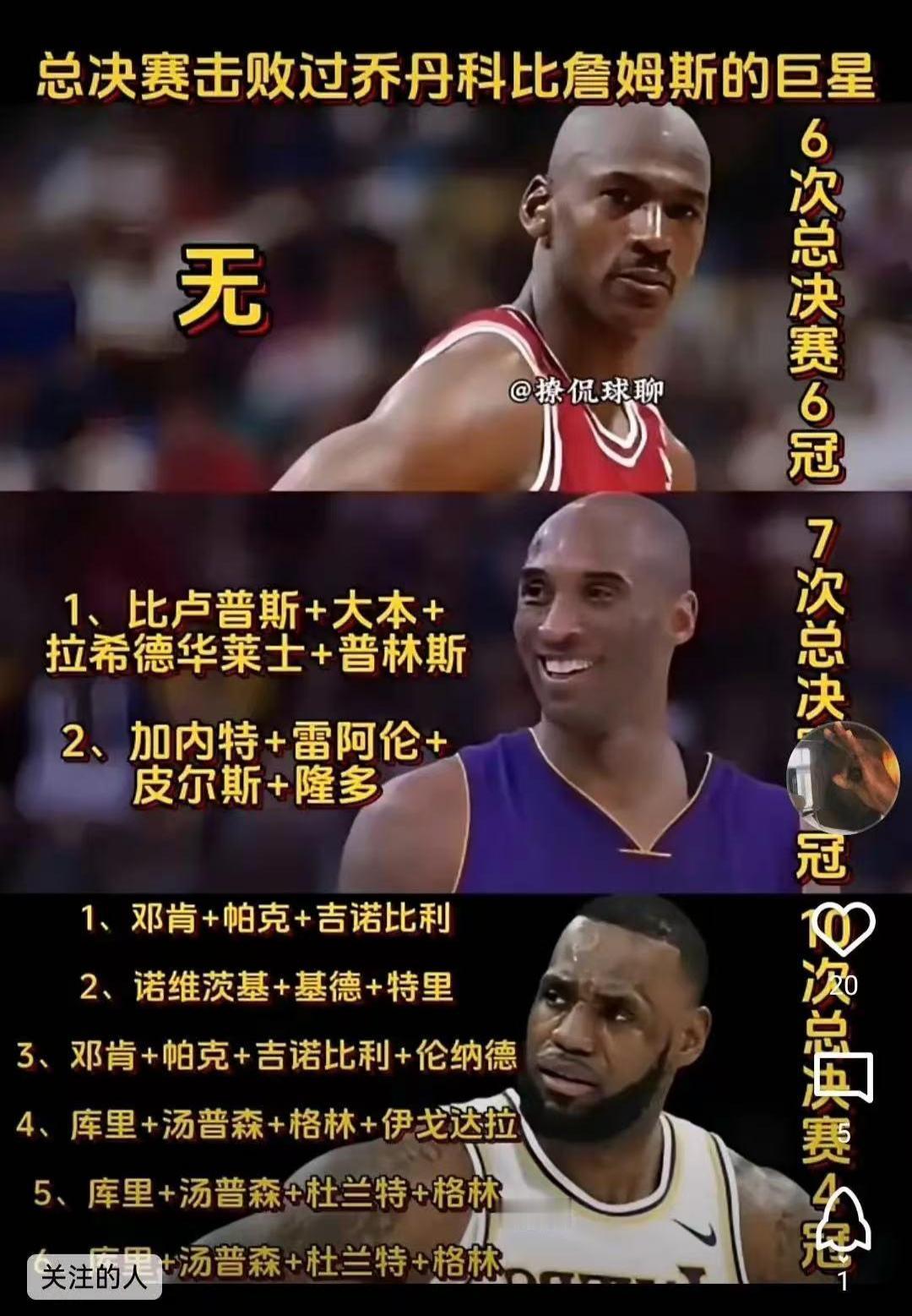 总决赛击败乔丹的人没有。总决赛击败科比的人不少。总决赛击败詹姆斯的人缺很