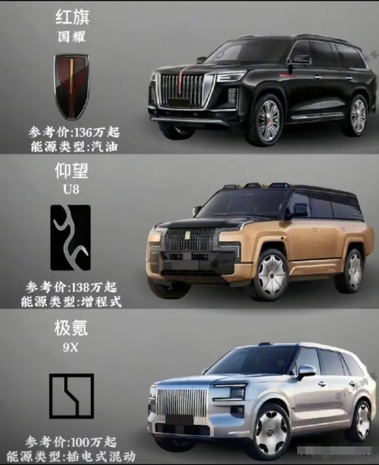 假如不考虑价格，只看外观、性能和功能，这些国产SUV中，红旗国耀、仰望U8、极氪