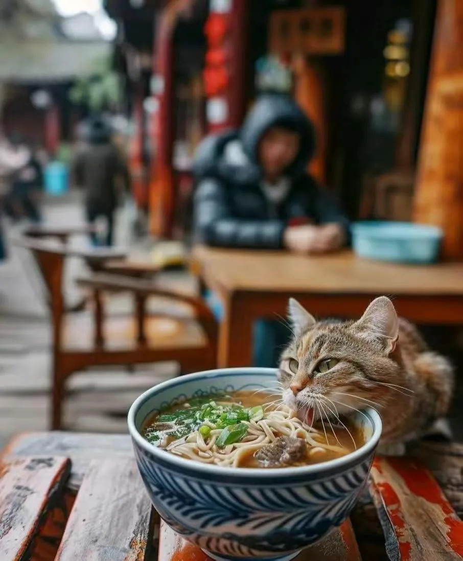一位小美女去吃早餐，当她去取筷子时，一只饿极了的小猫咪，以为小美女吃过了，它不顾