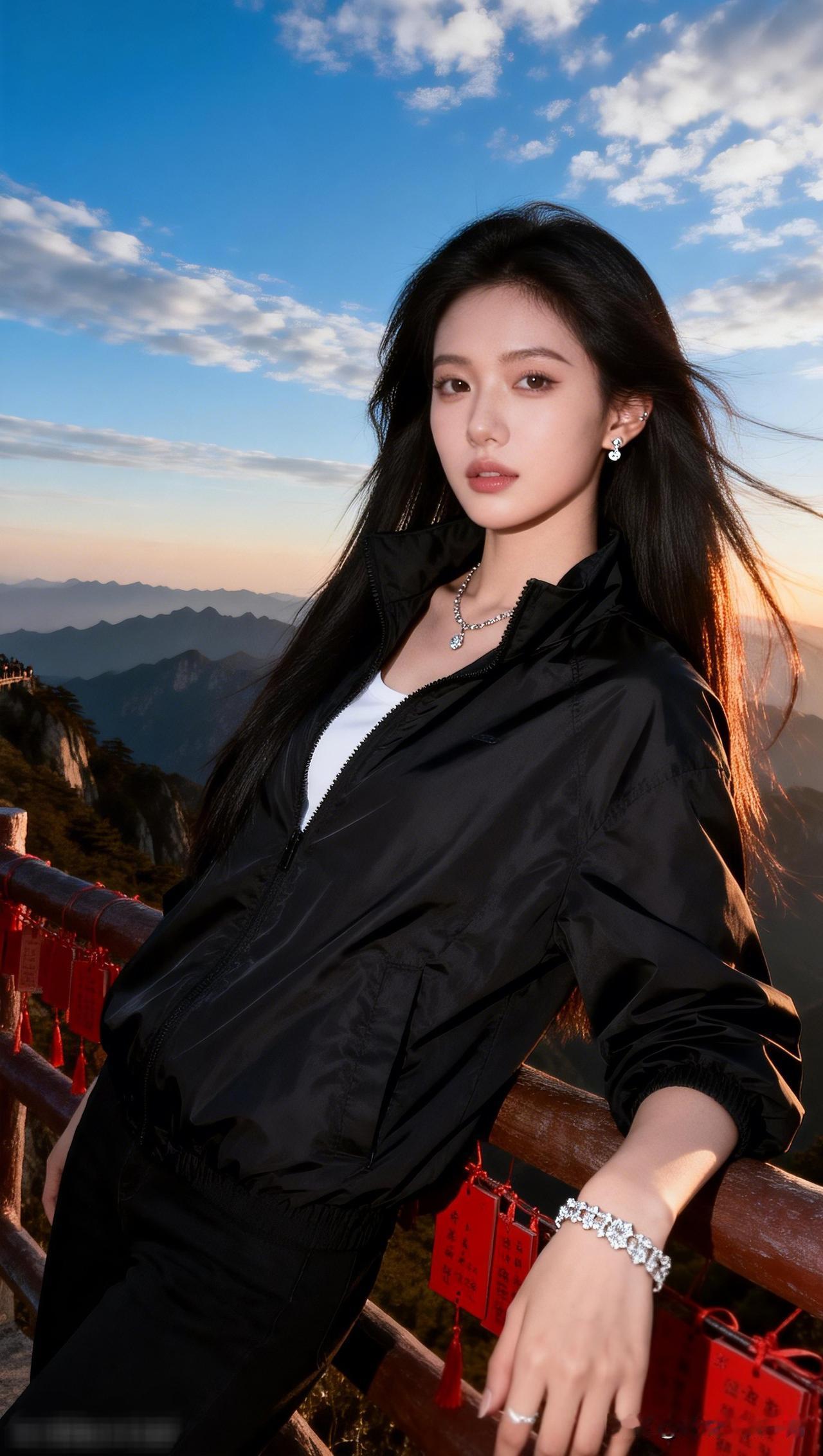 山高水长，风华绝代。一眼沦陷的神级美图山巅之上，风姿绰约，黑衣少女与云海相映成