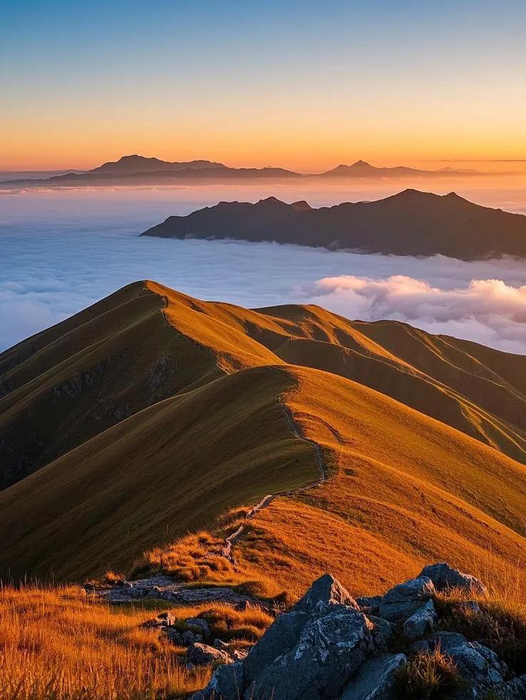 武功山的夕阳时分，云山高耸，在余晖下闪金光，仿若神话仙境。落入黄昏的云海天边日