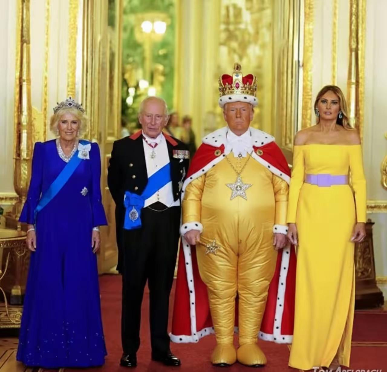 特朗普出访英吉利，乘坐英国国王的豪华马车，骑兵卫队前呼后拥，显得特别的开心。特朗