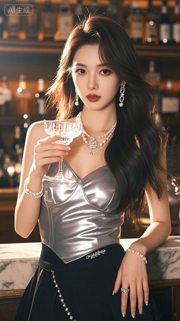 优雅夜晚，香槟相伴，闪耀的珍珠项链，尽显迷人魅力。💃🍷✨