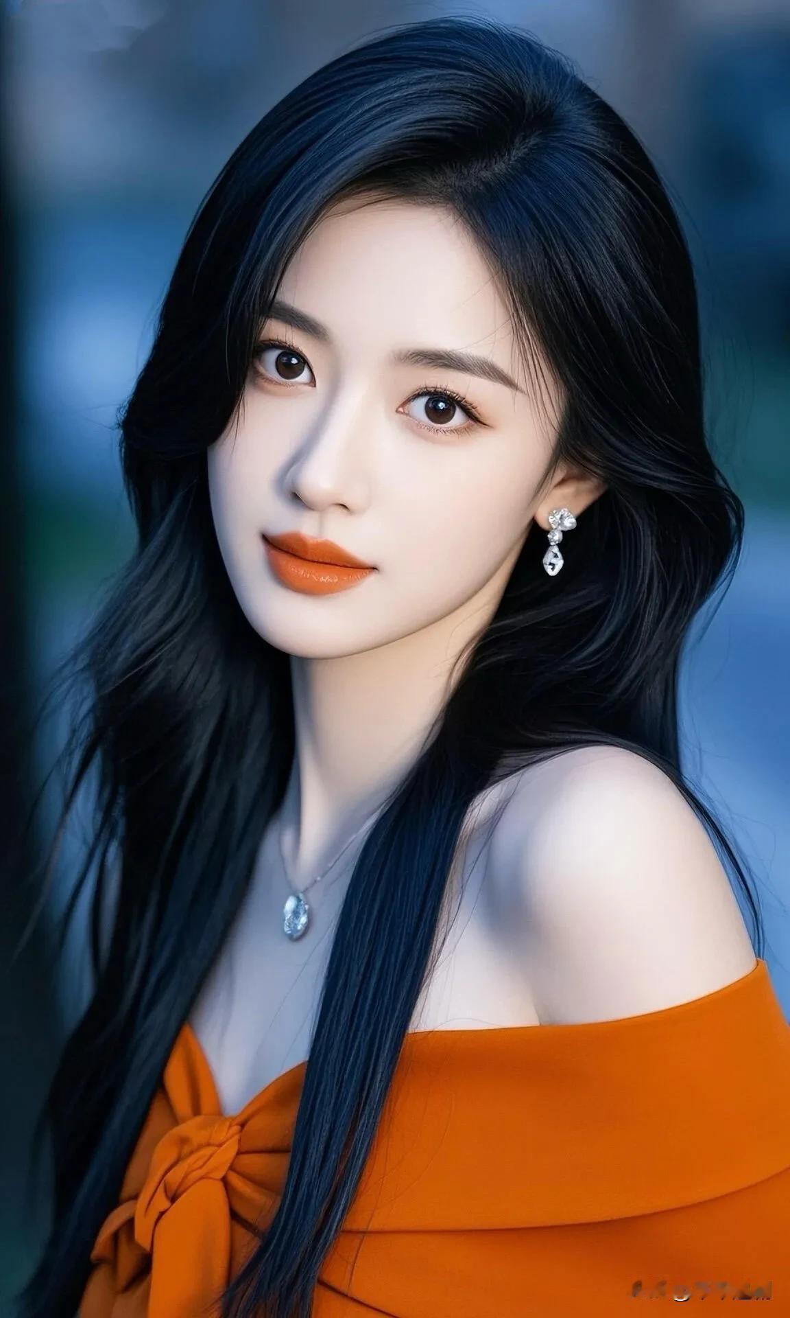 暖橙露肩衫衬着凝脂肌肤，墨色长发拂过肩头，焦糖红唇与衣色相映，在冷蓝背景里漾开明
