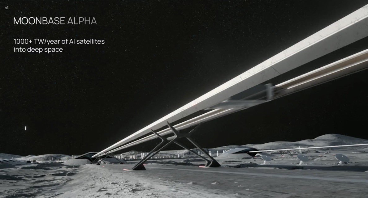 马斯克公布了其Alpha月球基地电磁轨道器概念渲染图，目标是利用电磁加速技术，