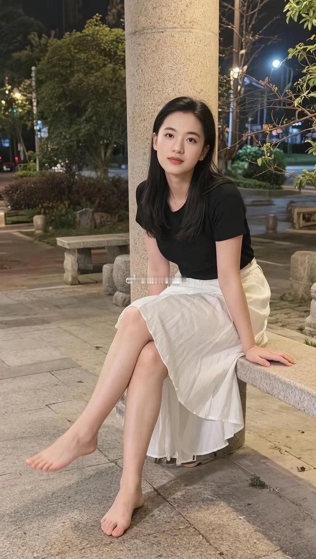 夜晚的公园，静谧的氛围，黑白配色的优雅穿搭，感受都市的宁静与美好。