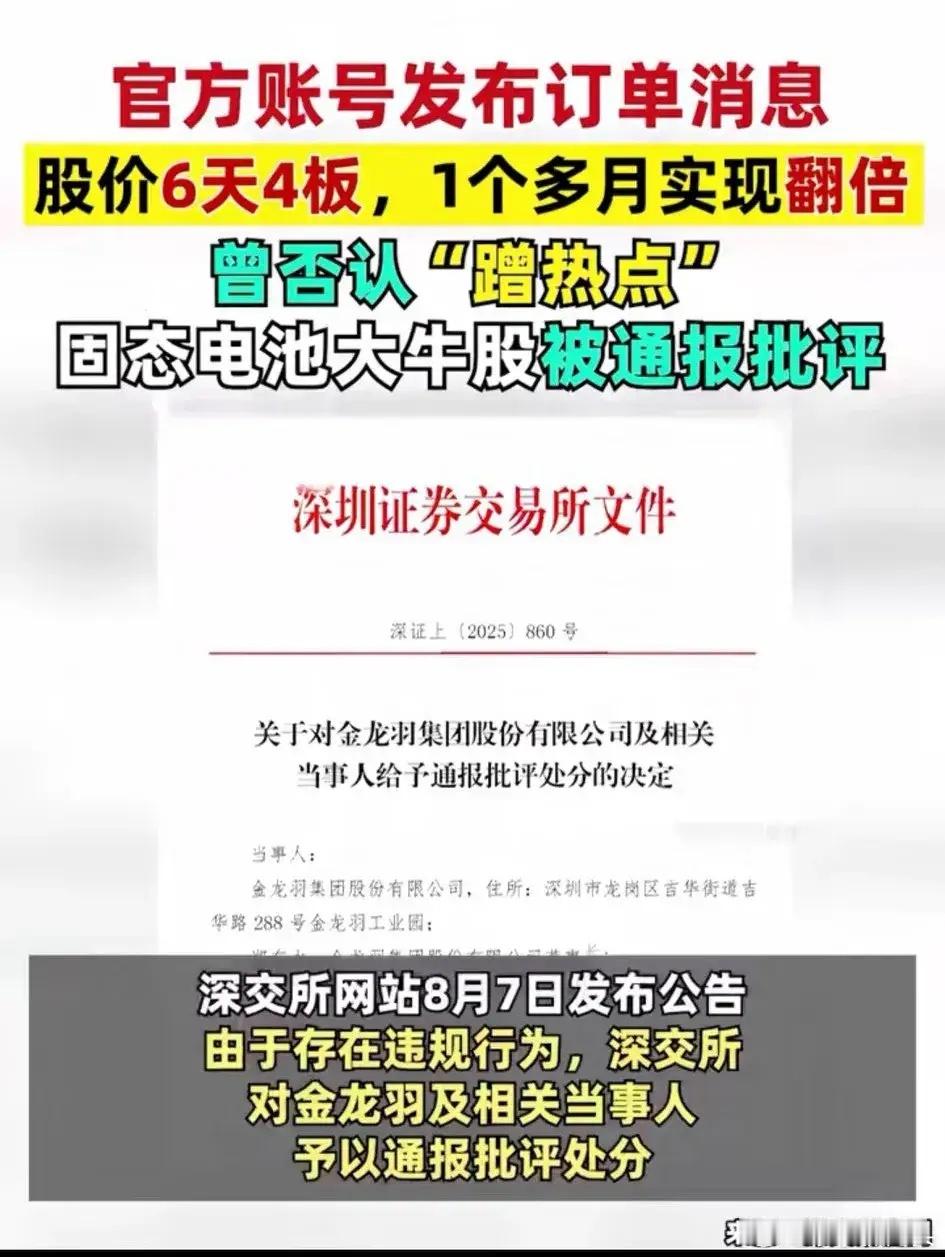 金龙羽固态电池大牛股被深交所通报批评处分，股价六天四板，一个多月翻倍。道氏技术，