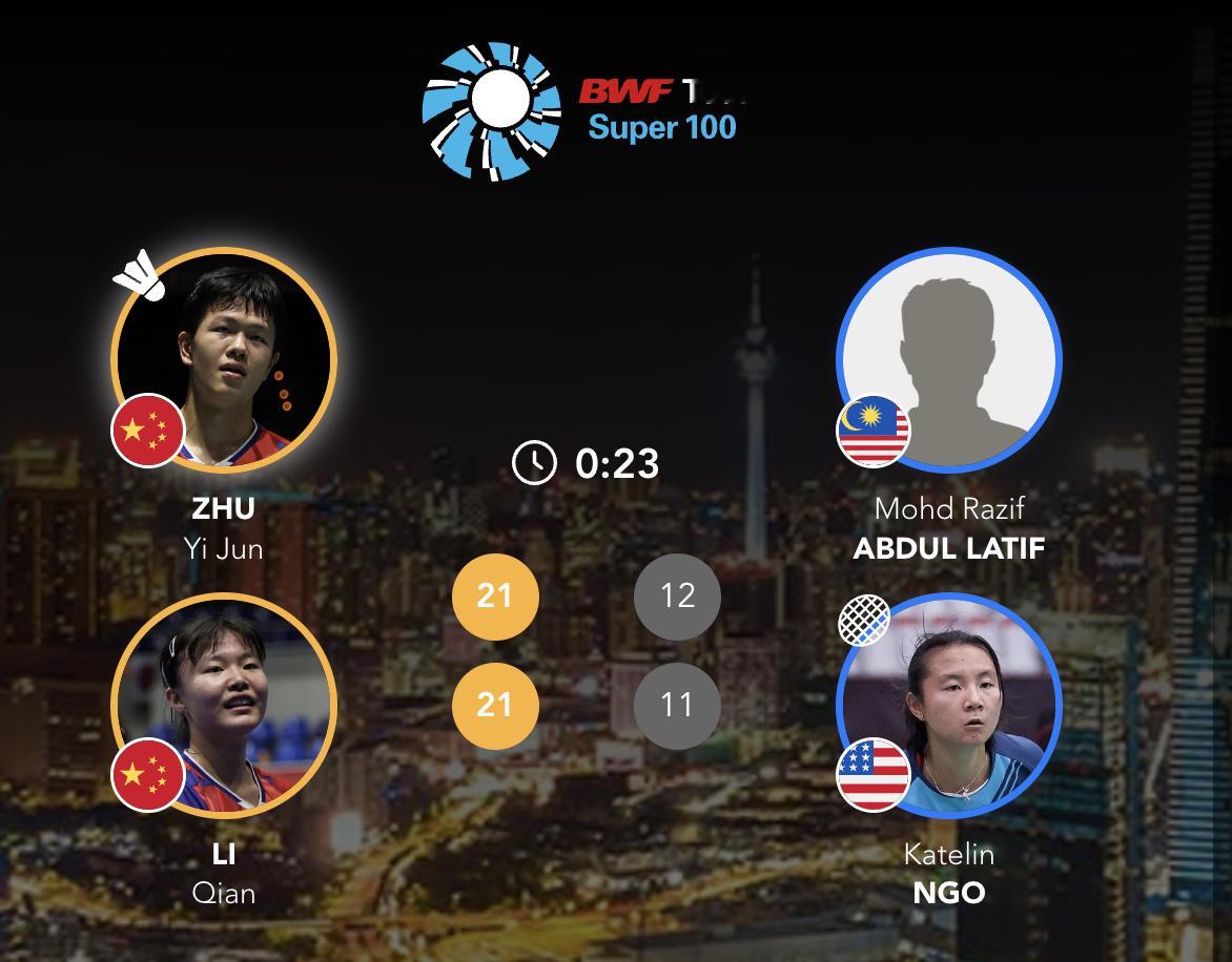朱一珺/李茜🇨🇳21-12、21-11🇲🇾拉迪夫/🇺🇸凯特琳廖品