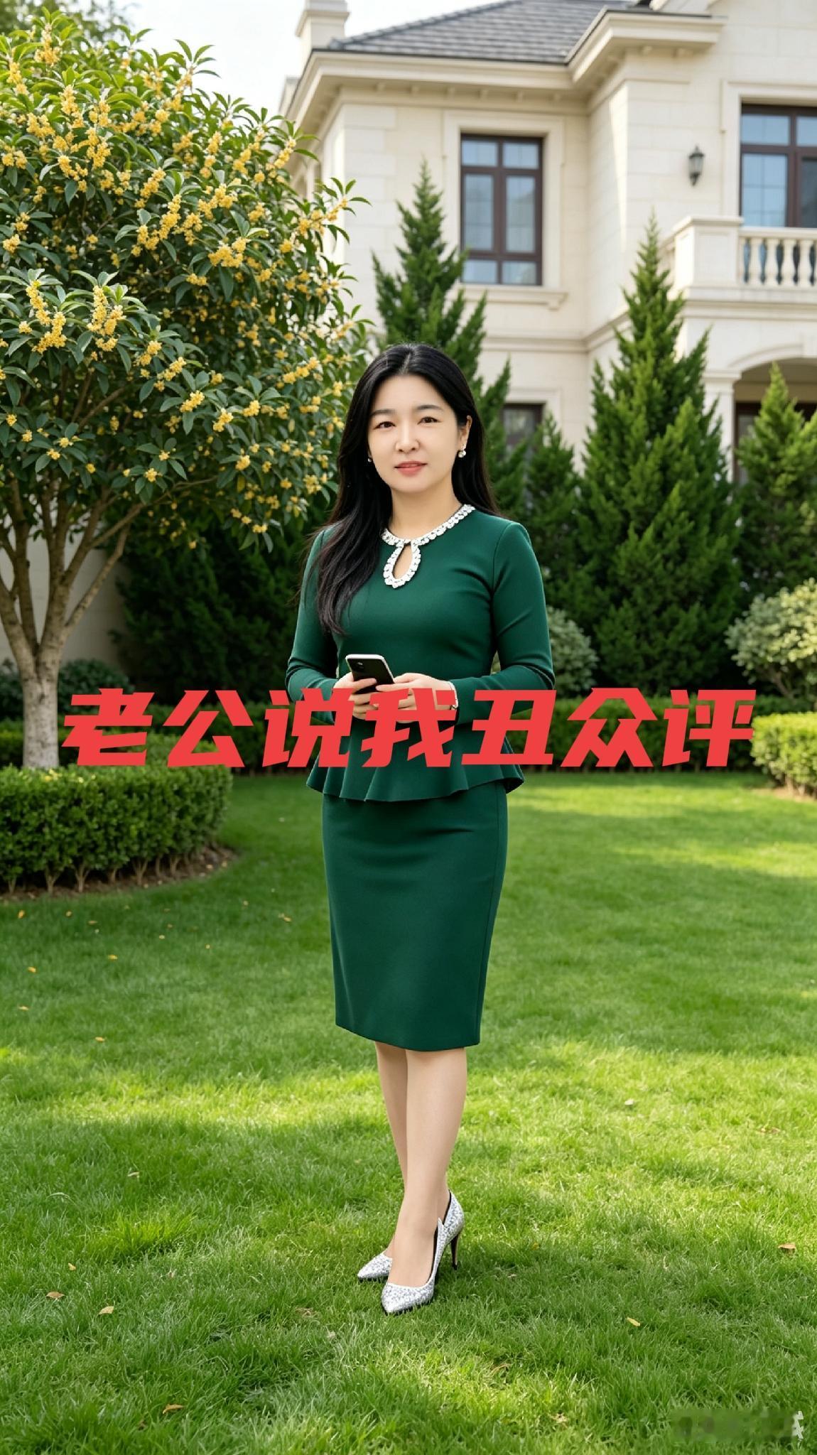 庭院绿衫佳人桂柏绕庭草木娇，翠衫逸韵立芳郊。清眸含婉藏温婉，短发端庄自蕴遥。