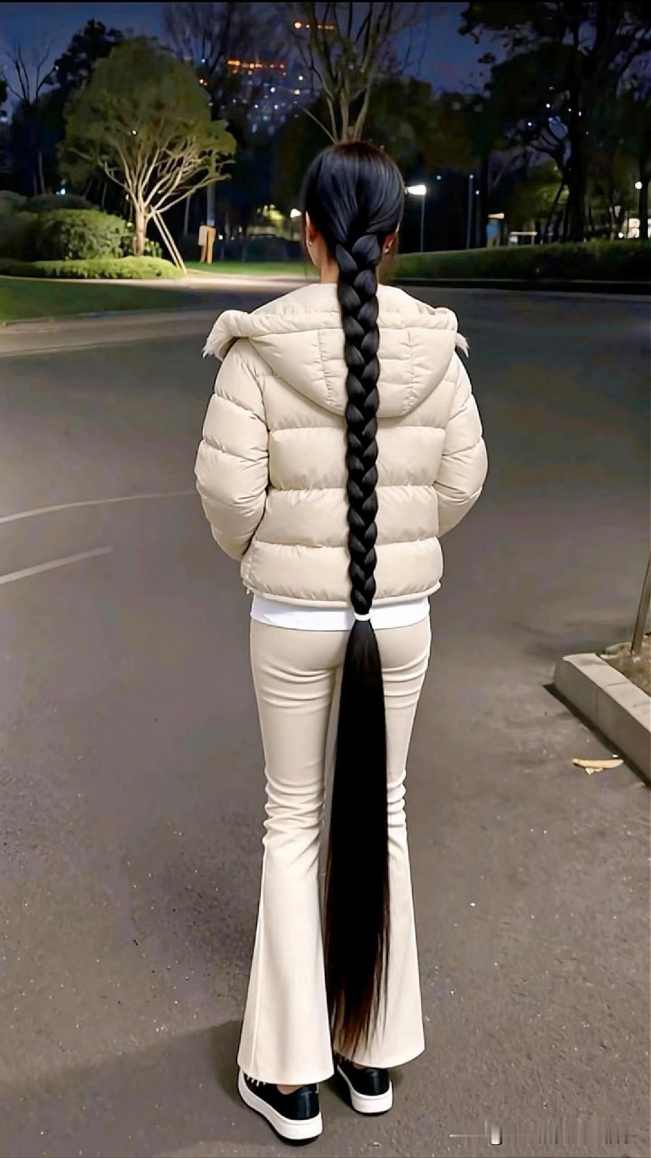 冬日穿搭指南：保暖羽绒服+复古喇叭裤，乌黑亮丽的长辫，尽显时尚与优雅！