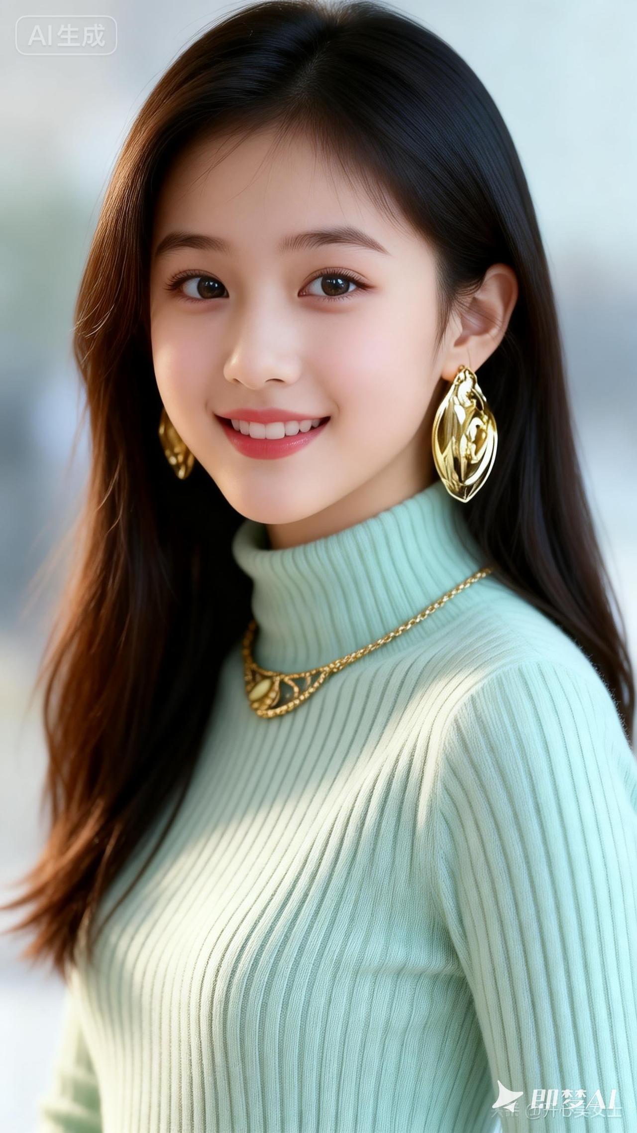 温柔甜美的少女，浅绿色毛衣搭配金色耳环，元气满满！🌸💖