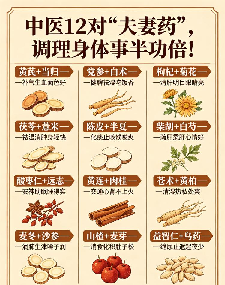 中医里的12对“夫妻药”！记住了，调理身体，事半功倍！1.黄芪+当归——补