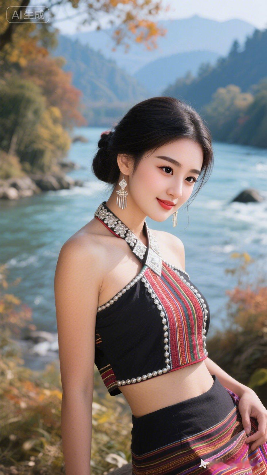 佤族女孩白皙细腻肌肤衬粉嫩唇色，瓜子脸五官精致立体，纤长睫毛下清澈明眸藏温柔，低