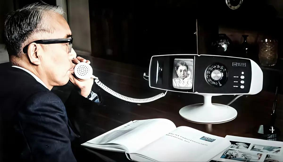 这是1968年的照片，一位日本人在用视频电话通话，日本视频电话那个年代就有，可见