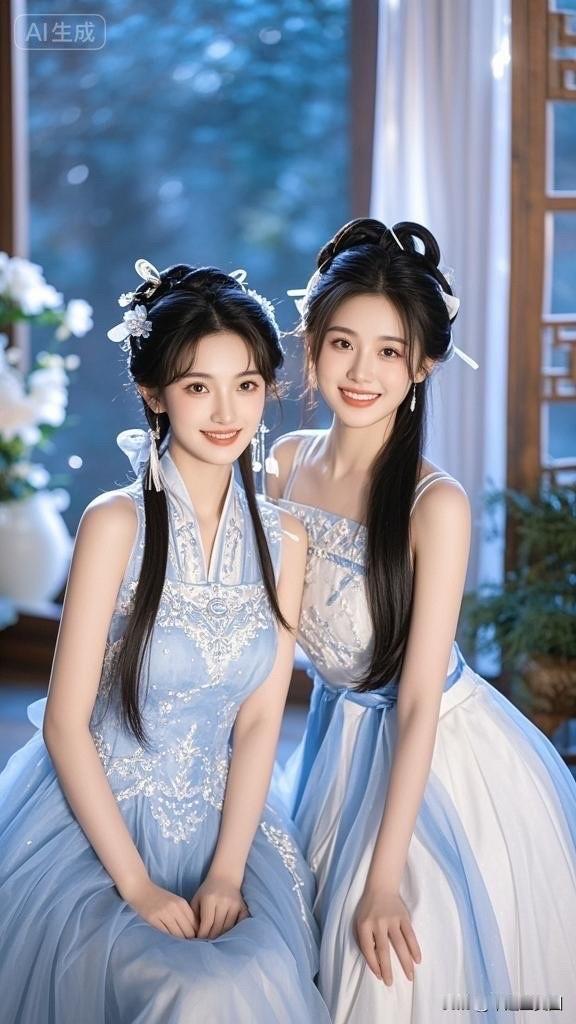 梦幻蓝裙姐妹照，甜美笑容，浪漫氛围