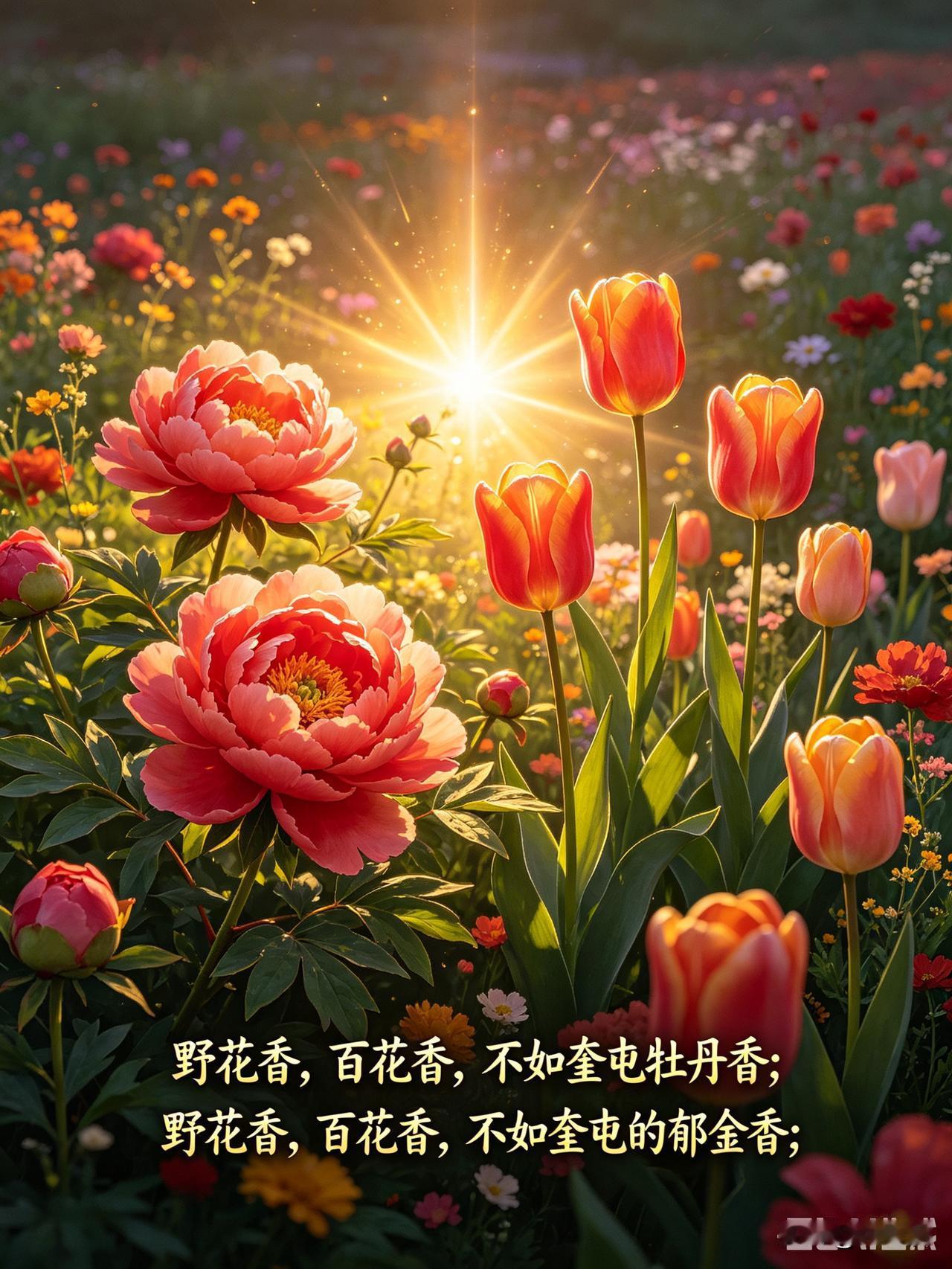 春天到了，家乡的美景就像一幅绚丽的画卷。南山牡丹文化园里，牡丹与郁金香争奇斗艳。