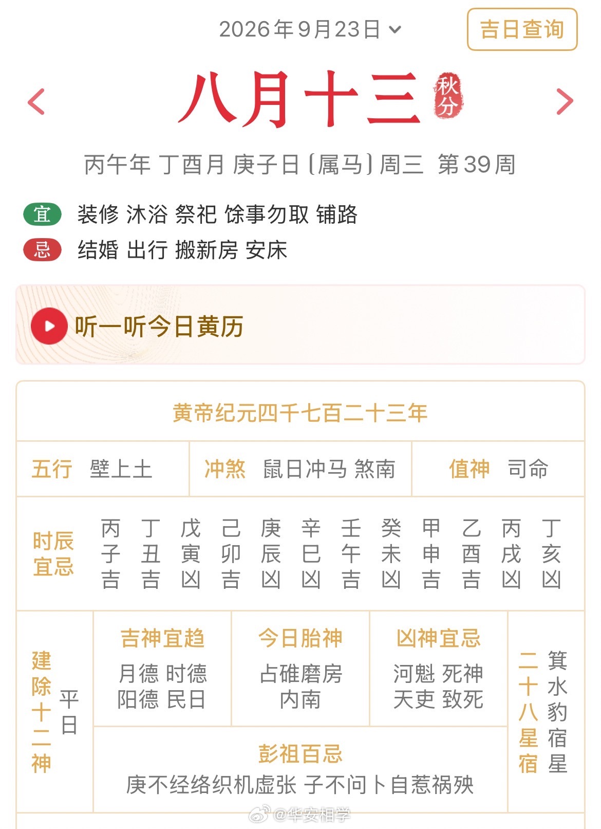 十二生肖每日简运仅供参考2026.9.23丙午年丁酉月庚子日庚子天克地冲甲午：