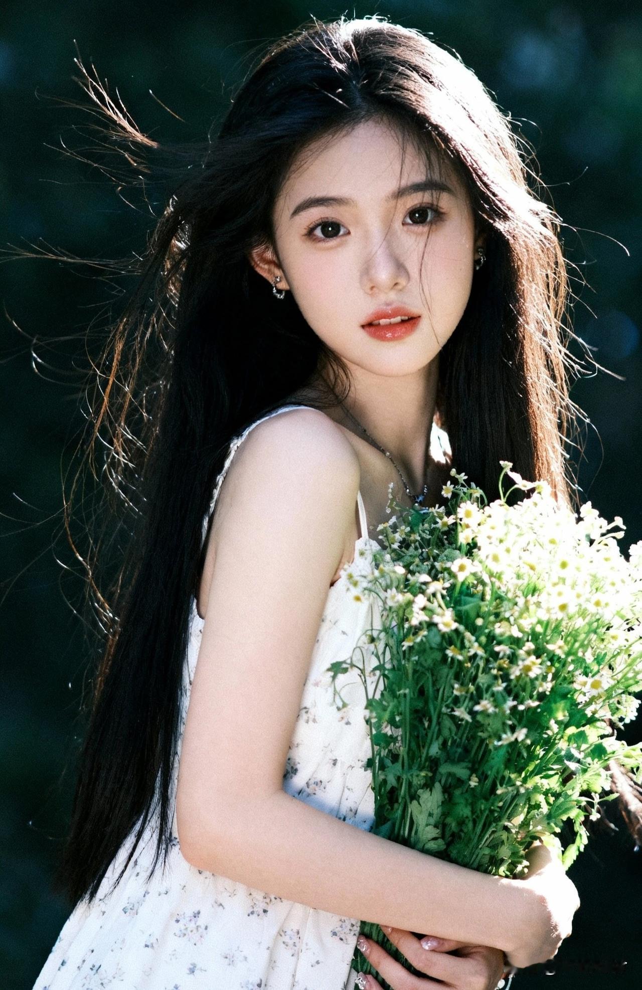 温柔少女与花海相遇，自然之美尽显眼前。🌸💐🌿