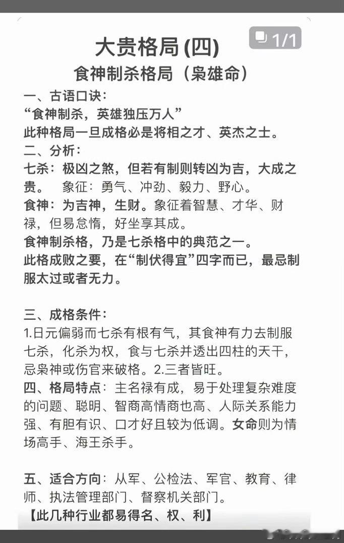 大贵格局·食神制杀格局（枭雄命）一、古语口诀：“食神制杀，英雄独压万人”此种格局