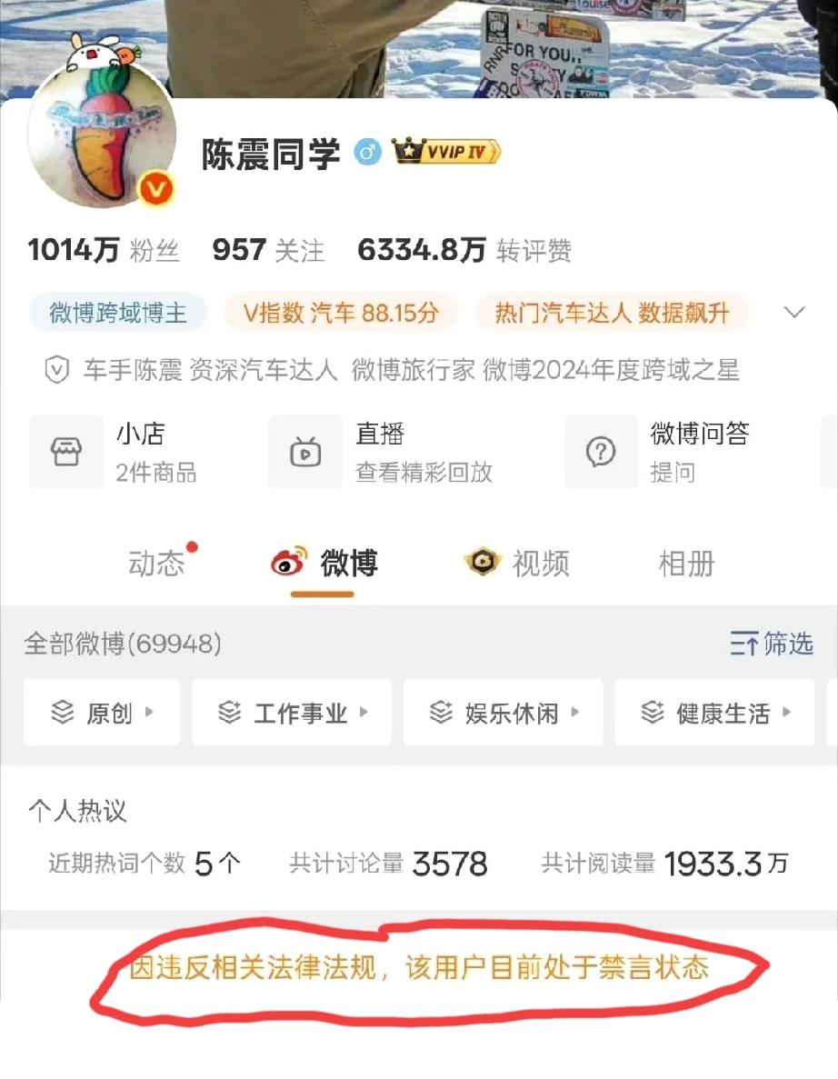 就在刚刚，说车大V“陈震同学”也被全网禁言了，而至于为什么会被禁言，网友纷纷猜测