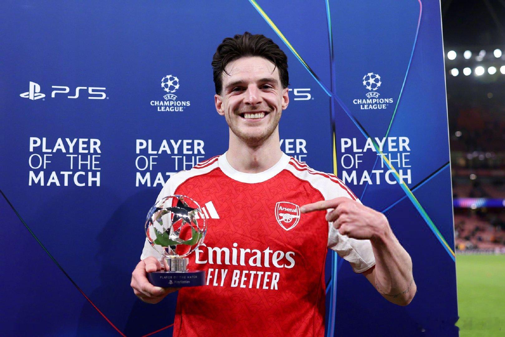 【大心脏】阿森纳2比0勒沃库森，打入一球的赖斯当选全场最佳。算上阿森纳上赛季对