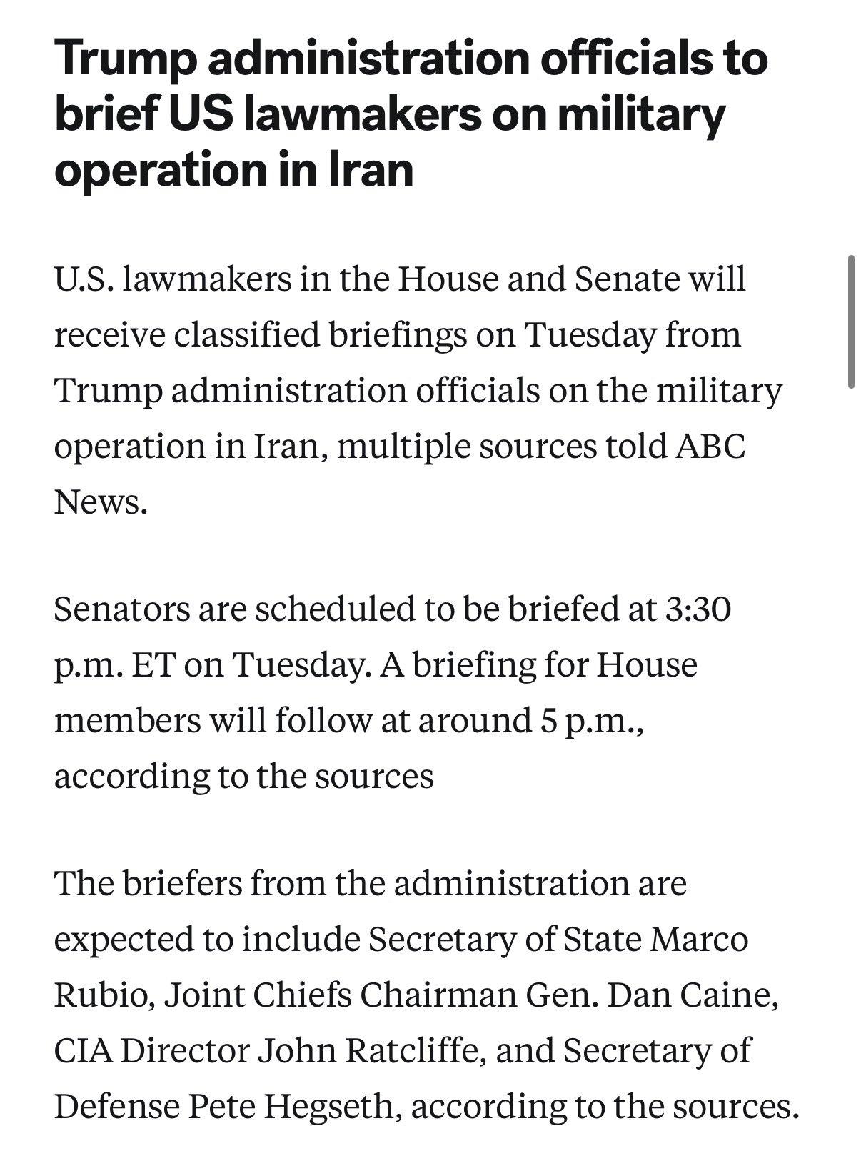 美国广播公司：美国众议院和参议院议员将于周二听取有关伊朗军事行动的机密简报。参议