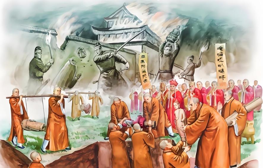 公元446年，北魏太武帝拓跋焘下诏宣布佛教为邪教，正式下诏灭佛，要求焚毁北魏境内