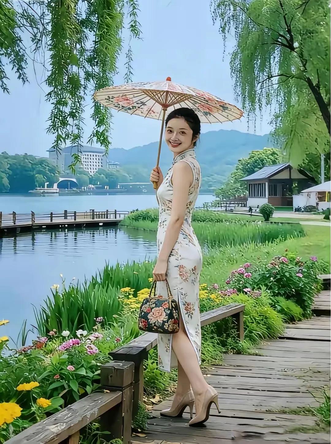 绿水青山天蓝蓝，万木葱茏百花艳。佳丽闲逛赏美景，一枝独秀若天仙。