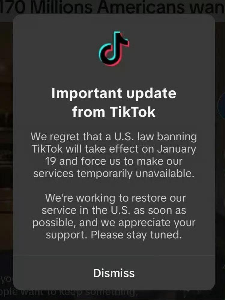 TikTok公司当地时间18日晚通知美国用户，由于美官方禁令19日起生效，Tik