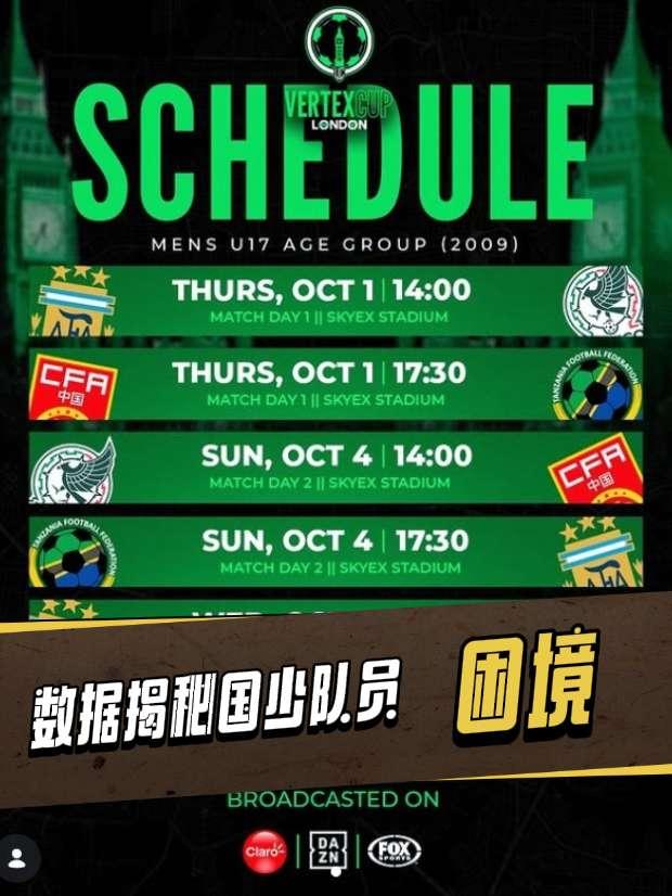 10月2日凌晨，伦敦Vertex杯四国赛，中国U17国少0‑1不敌坦桑尼亚U17