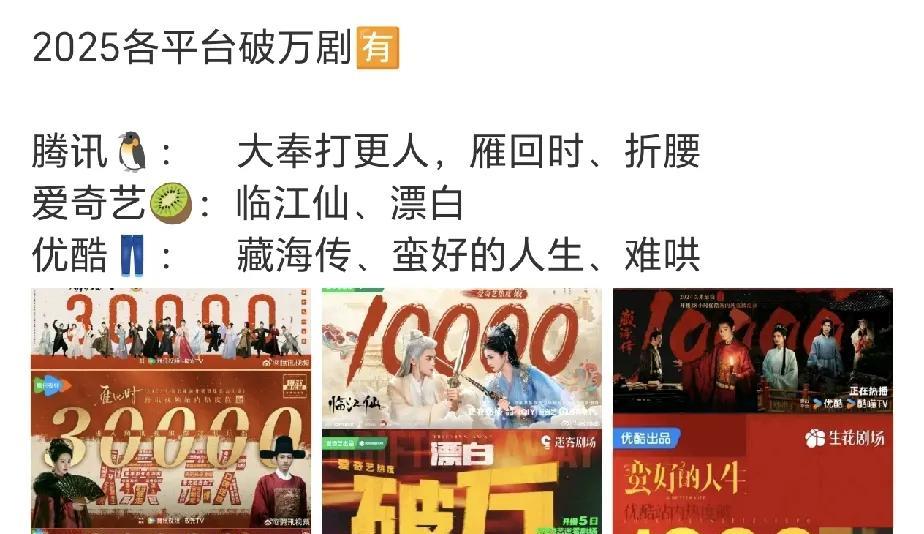 爱奇艺：《漂白》《临江仙》腾讯：《大奉打更人》《雁回时》《折腰》总结一下：