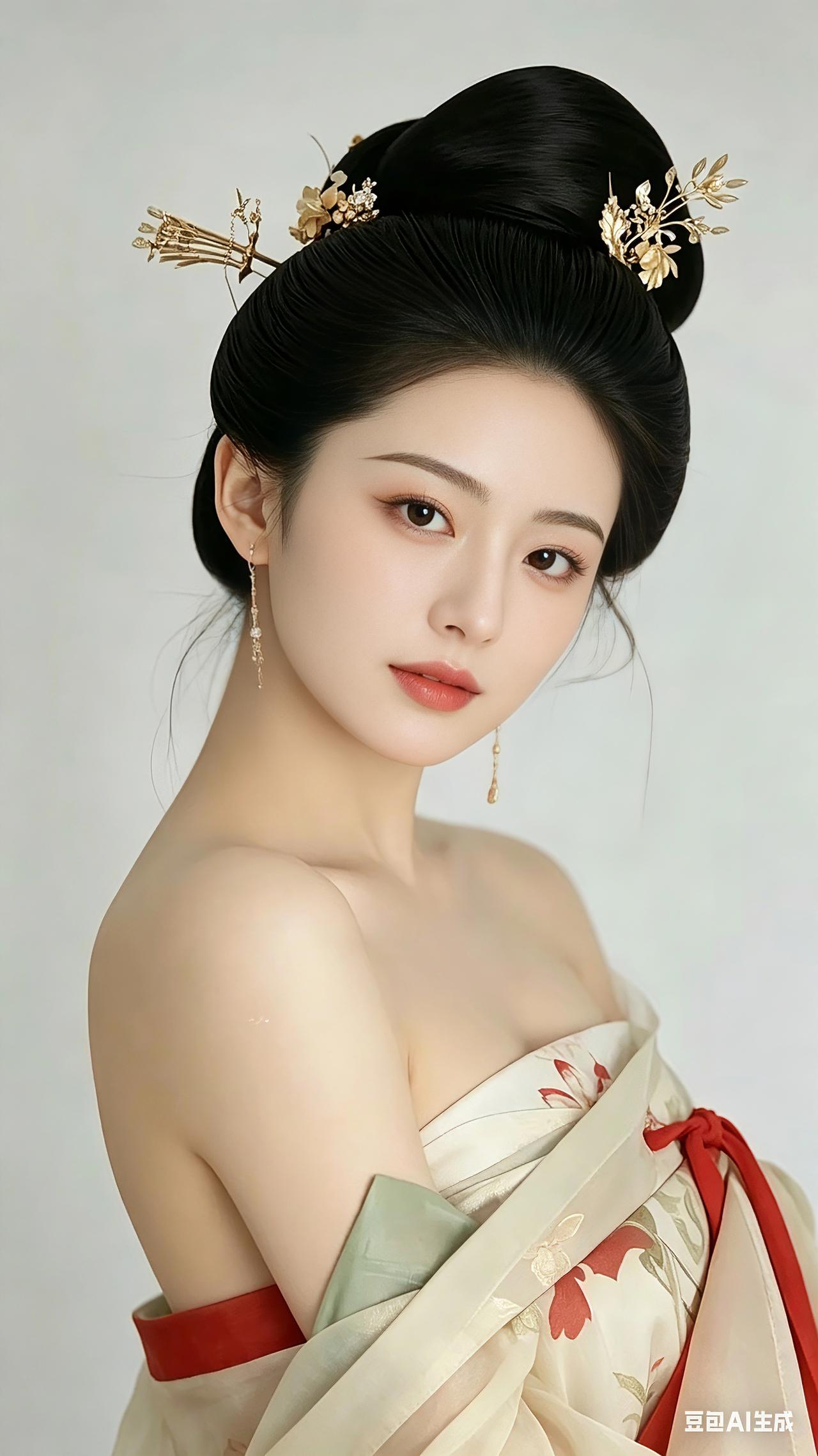 高髻金簪衬玉颜，古风雅韵落眉间。轻纱罗裙藏温婉，一眼恍如画里仙。眉目含情