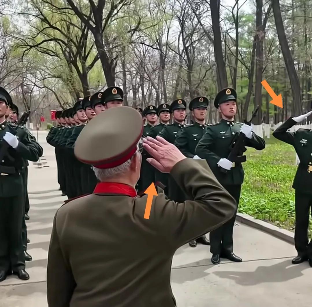 一老兵向现役军人敬军礼。