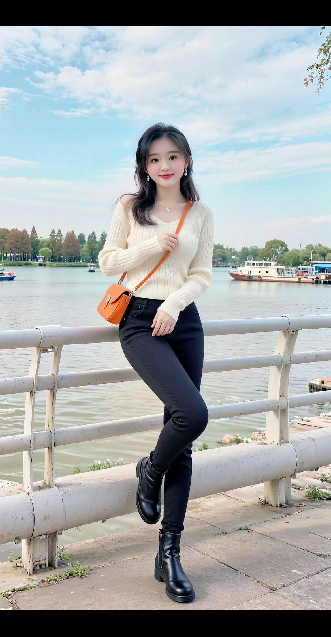 靠着江边自拍小姐姐微笑一个弧度而已