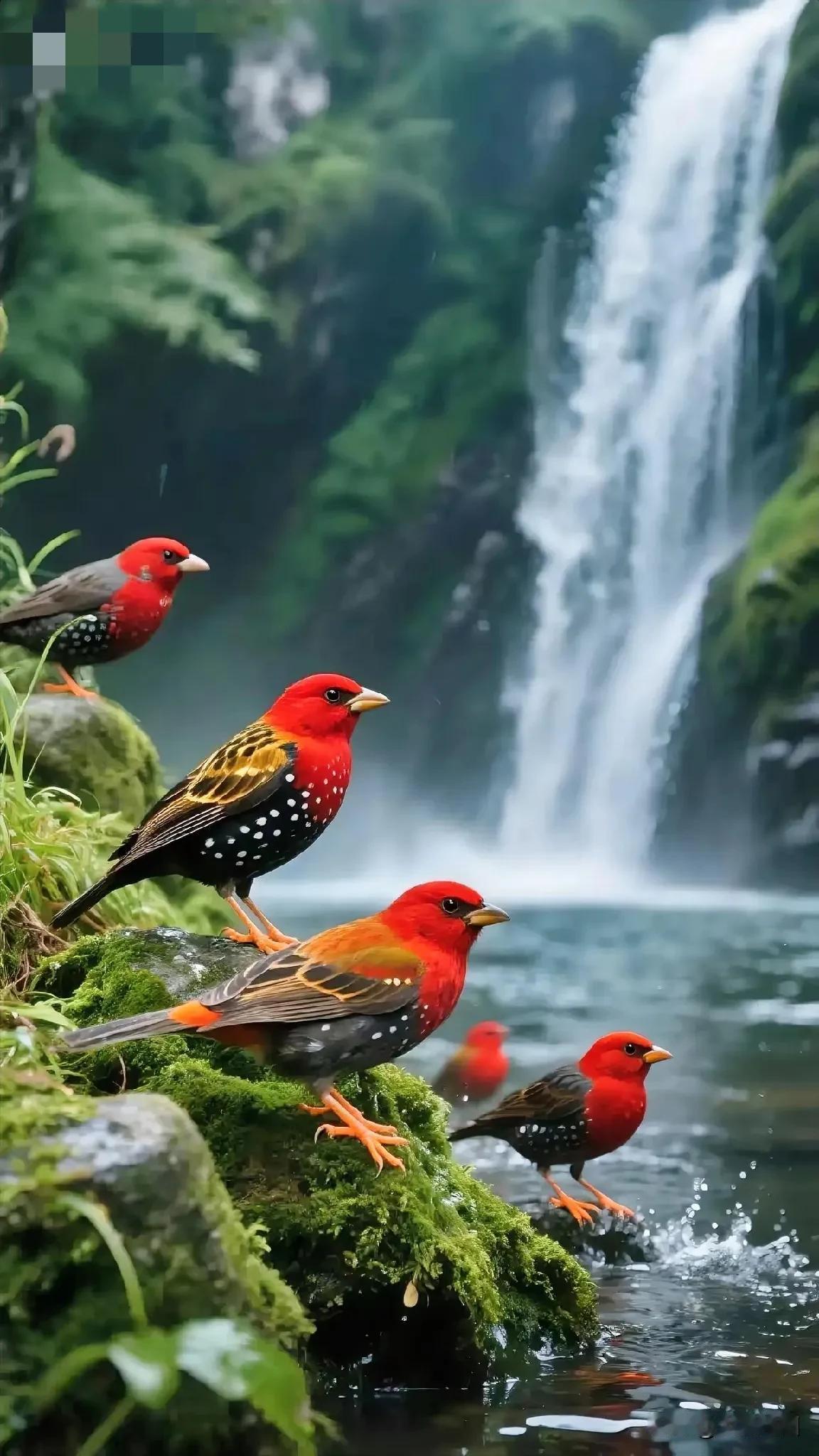 红鸟瀑景红鸟嬉水自欢跃，瀑布流辉韵致娇。急湍若箭崖头坠，溅雪如星翠玉摇。远