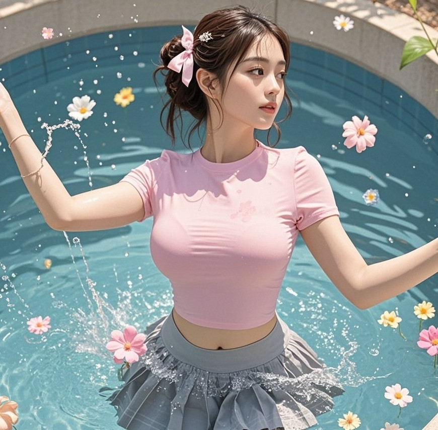 水润双眸暗藏秋波，泳池边的娇俏让人心动