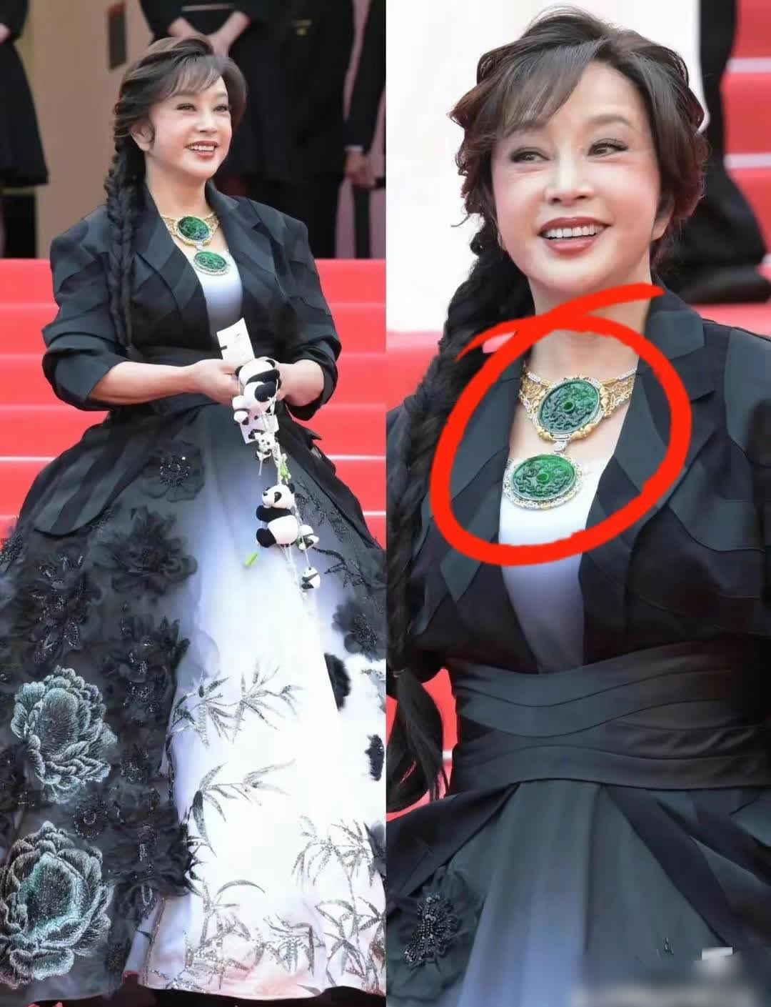 刘晓庆太尴尬了，戛纳电影节走红毯，胸前戴两块夸张翡翠，看上去亳无光泽，做工差，一