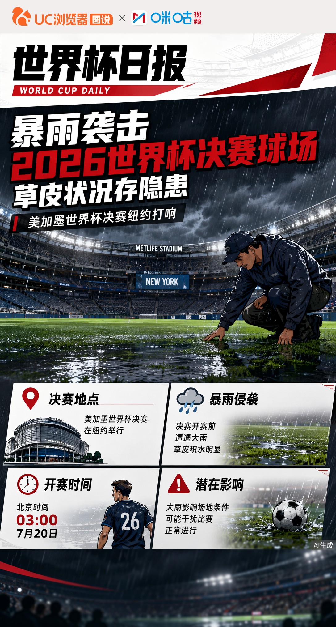 暴雨袭击2026世界杯决赛球场，草皮状况存隐患