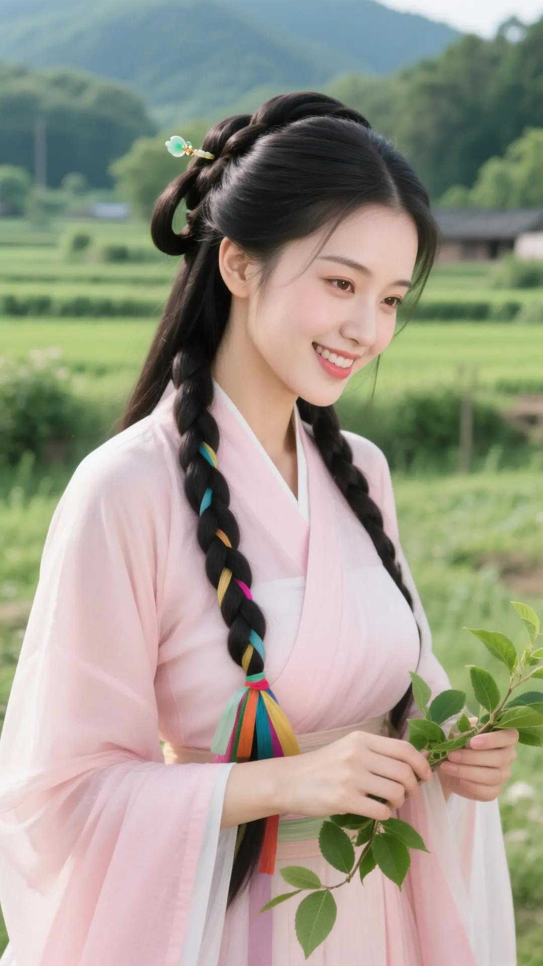 温柔古风少女，手持绿叶，微笑如画。