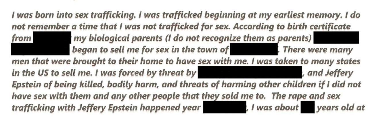 根据最新公布的爱泼斯坦档案，一位幸存者讲述了她从记事起就遭受杰弗里·爱泼斯坦性交