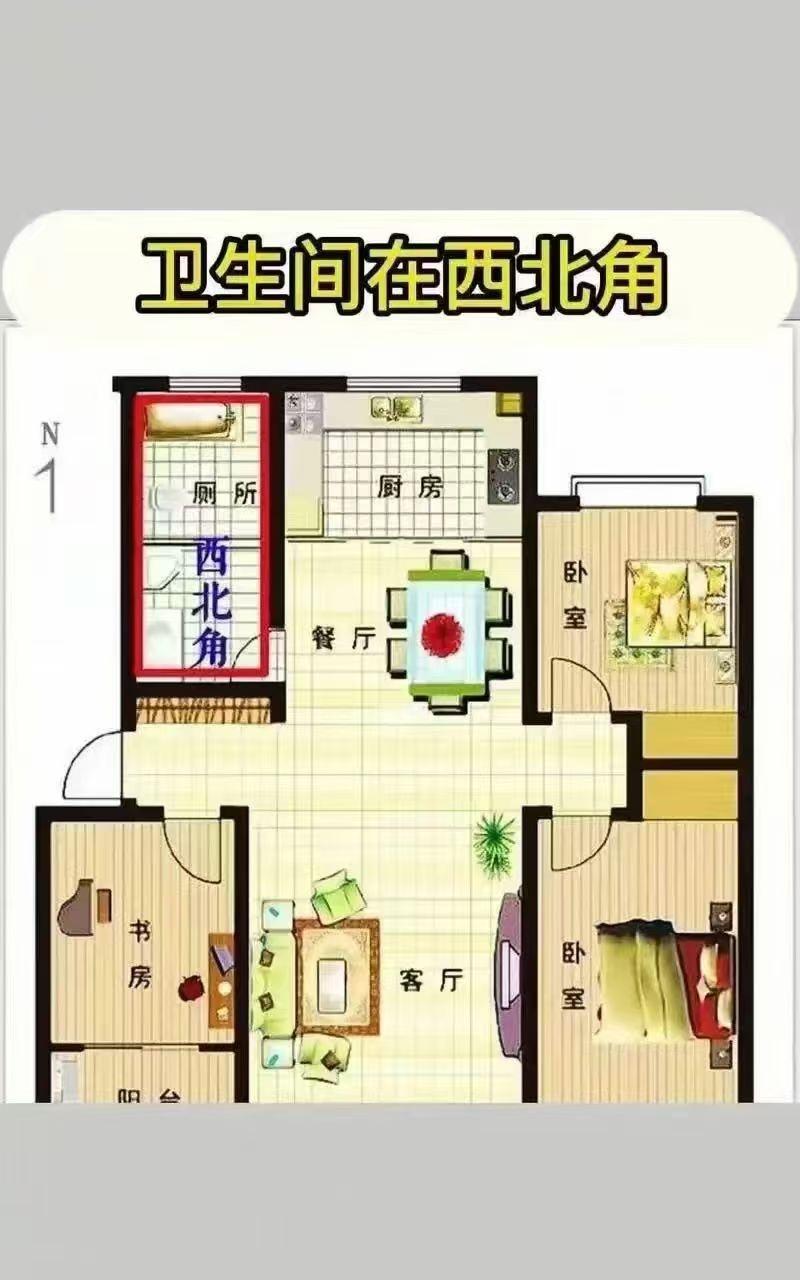 家居风水知识分享家中厕所在房子西北方，就形成了“污秽老天”之局，如果西北是