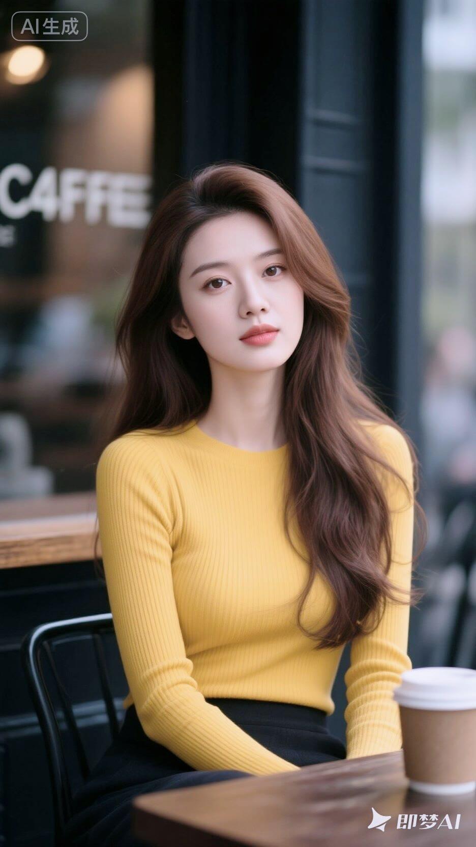 咖啡馆里的温柔时光，暖黄色的毛衣与咖啡的邂逅。