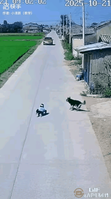 我的天！这只狗狗也太牛了吧！小男孩在门口马路上玩滑板车，一辆红色小车突然就冲