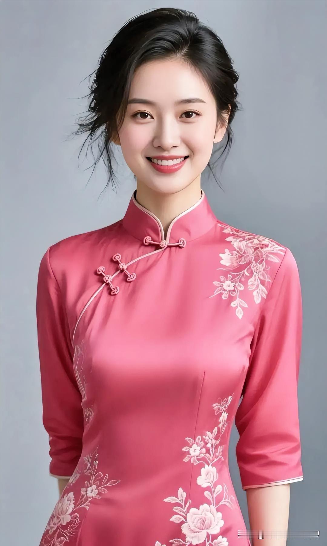 玫红旗袍绣花精致，立领盘扣勾勒曼妙身姿，明眸浅笑，尽显东方温婉与现代活力。