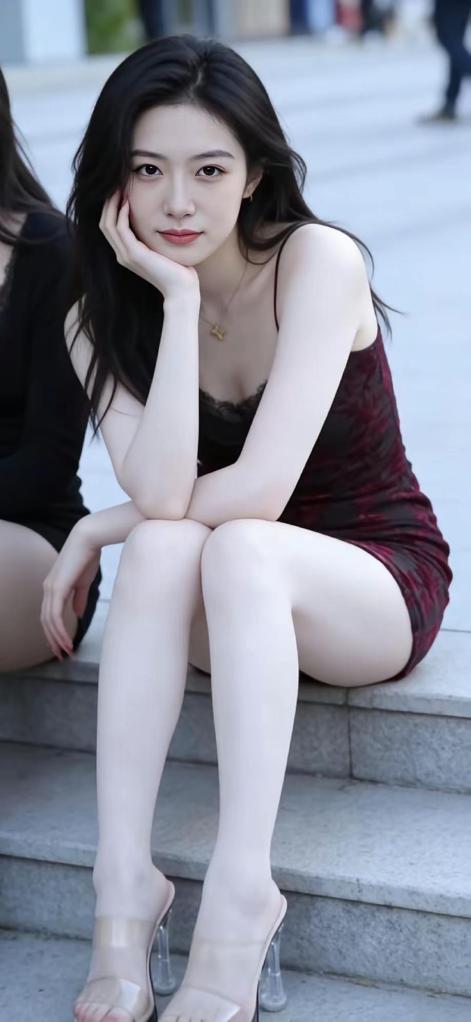 红裙少女坐阶上，手托香腮笑盈盈，丝袜高跟配优雅，路人驻足皆心动。