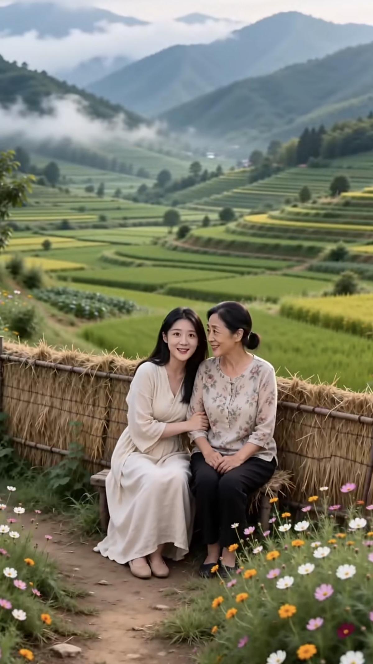 母女两个在赏花，边赏边聊心里话。女儿说她已恋爱，…………………………请你